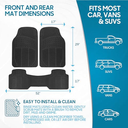 BDK M783 DuraChannel Heavy Duty Rubber Car Floor Mats Liner for Auto - All Weather 3 Piece Set Front & Rear, Fits Car Truck SUV Van, Universal Trim to Fit - color: Black