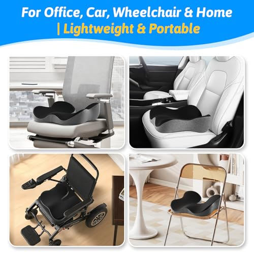 Seat Cushion for Tailbone & Sciatica Pain Relief – Certified & Ergonomist-Designed – Tapered Front Edge Reduces Thigh Pressure – Wide Memory Foam for Office Chair, Car, Wheelchair - color: Black & Gray