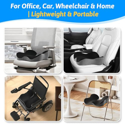 Seat Cushion for Tailbone & Sciatica Pain Relief – Certified & Ergonomist-Designed – Tapered Front Edge Reduces Thigh Pressure – Wide Memory Foam for Office Chair, Car, Wheelchair - color: Black & Gray