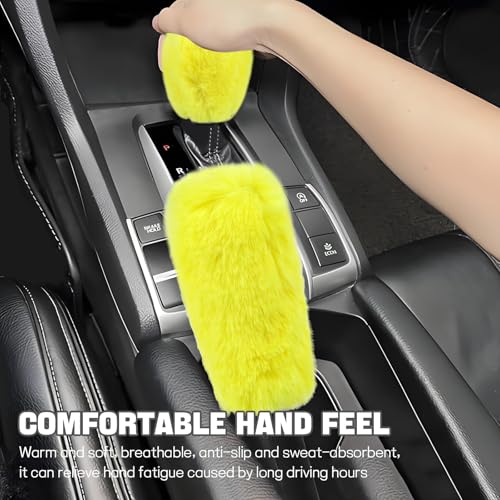 Hovom 2PCS Fluffy Car Gear Shift Knob Cover & Handbrake Cover, Soft Plush Hand Brake Handle & Gear Shift Cover for Women Girls, Universal Comfortable Warm Furry Car Accessories (Yellow) - color: Yellow
