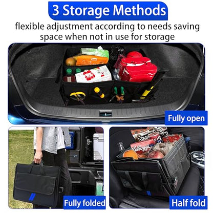 YOSRTER Car Trunk Organizer for Dodge Charger Durango Challenger Ram Collapsible Storage Box with Handle Foldable Lid Non Slip Bottom 2 Compartment Sturdy Base Panel Blue Trim - color: Blue Trim