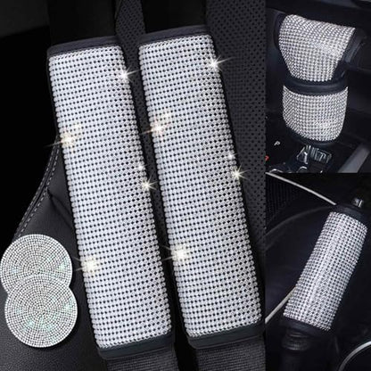 4PCS White Bling Car Seatbelt Strap Covers with Shift Gear Knob Cover & Handbrake Cove for Women Girls - Crystal Rhinestone Velvet Shoulder Pad Protector - Diamond Shine Safety Shoulder Pad - color: B-Sliver 4