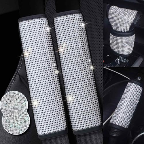 4PCS White Bling Car Seatbelt Strap Covers with Shift Gear Knob Cover & Handbrake Cove for Women Girls - Crystal Rhinestone Velvet Shoulder Pad Protector - Diamond Shine Safety Shoulder Pad - color: B-Sliver 4