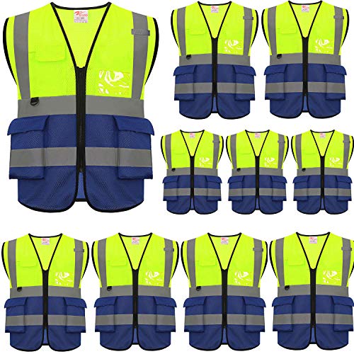 zojo High Visibility Safety Vests With Pockets,Pack of 10,Wholesale Reflective Vest for Outdoor Works, Cycling, Jogging, Walking,Sports - Fits for Men and Women (2XL- Mesh-Mix Yellow & Blue) - color: 10pcs-2xl- Mesh-mix Yellow & Blue, size: X-Large-XX-Lar