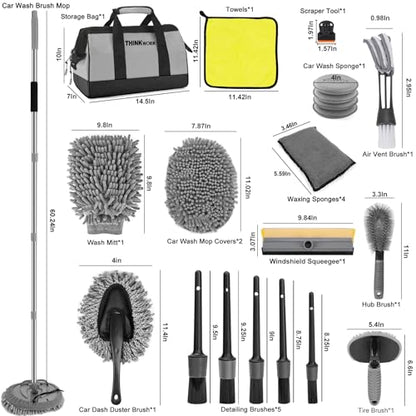 THINKWORK Car Wash Kit, 62'' Car Washing Brush with Long Handle, Extendable Car Wash Brush Mop with 2-in-1 Windshield Squeegee and 9Pcs Detailing Brushes, Gray Car Detailing Kit Gift for Men - size: 23PCS