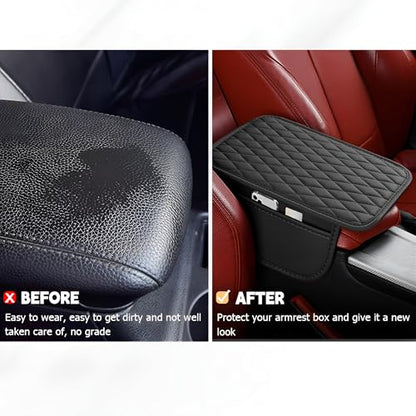 Car Center Console Cover, Leather Vehicle Armrest Seat Box Cushion Pad with Storage Bags, Waterproof Automotive Middle Console Protector, Universal for SUV RV Truck (Black) - color: Black