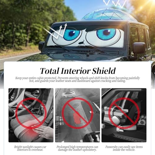 63"x28.5" Car Windshield Sun Shade with Storage Pouch, Stylish Printed Front Window Sunshade with Double Ring Frame, Universal Fit Foldable Heat Blocker & UV Protector for SUV, Sedan (Eyes) - color: Eyes