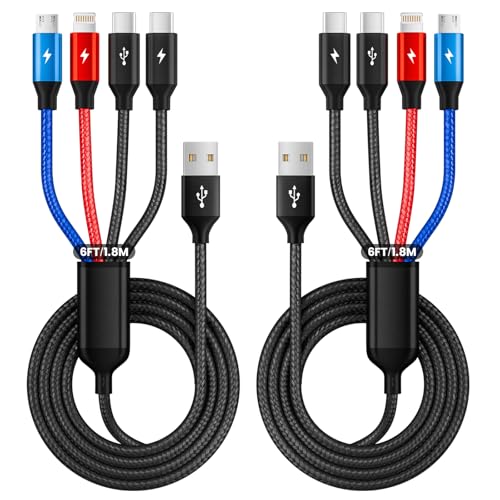 2Packs 6FT Dual Type-C 4 in 1 Multi Charging Cable for Multiple Devices with 2 USB-C/IP/Micro Port, USB Cable iPhone Charger Cord, Travel Car Accessories for iPhone17-8, Galaxy 25 Android iPad, More - color: Black+Blue+Red