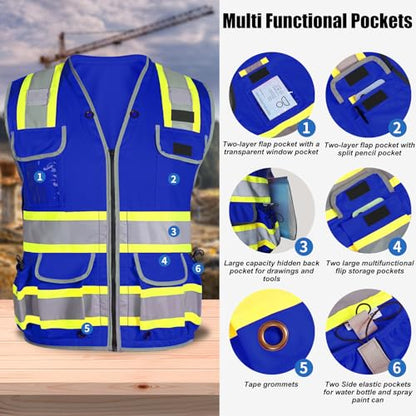 HYCOPROT Reflective Safety Vest Class 2 High Visibility Heavy Duty Construction Vest with Padded Neck,Meet ANSI/ISEA Standard - color: Blue, size: Large