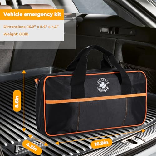 All-in-One Car Emergency Kit with Digital Tire Inflator, Jumper Cable, Tow Strap, Reflective Triangle, First Aid Kit, Hand Crank Flashlight, and Repair Tools for Roadside Safety (Black) - color: Black
