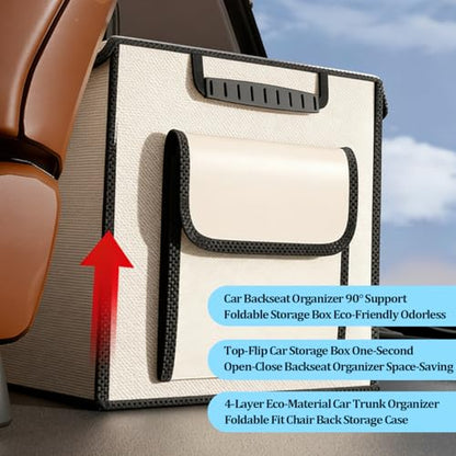 HZEL Car Trunk Organizer with Lid, Foldable Slip Resistant Multi-Compartment Vehicle Cargo Storage Box, Collapsible Waterproof Automotive Trunk Organizer, Universal for SUV Van Truck (Beige)