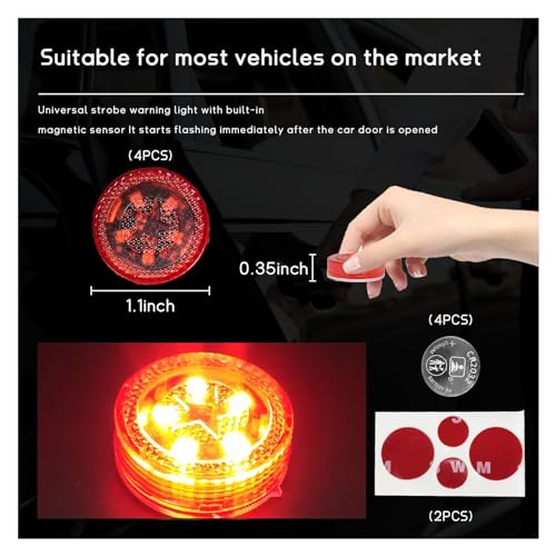 Dickno 4 PCS Wireless Car Door LED Warning Lights, 5 LED Roadside Auto Flashing Safety Signal for Anti Rear End Collision, Universal Strobe for Car SUV Truck (Red) - color: Red