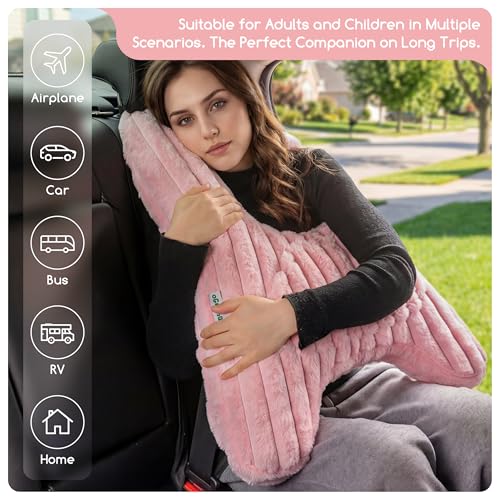 HIGOGOGO Washable Travel Pillow, Car Pillow for Kids & Adults, Upgraded Travel Pillows with Removable Soft Cover and High-Support Foam, Fix Neck and Body Sitting/Sleeping on The Trip, Pink - color: A-pink