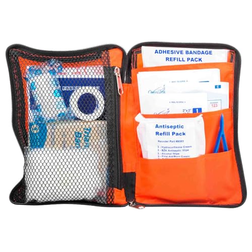 MFASCO First Aid Kit for Home, RV, Automotive - Compact Orange Pouch with Organizers for Small Travel, Backpacking, Cars, Motorcycle, Basic Supplies, Measures 8 x 5 3/4 x 1 1/4 inches, 70 Pieces