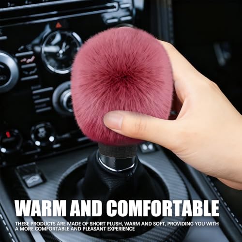 2PCS Plush Car Gear Shift Knob Cover & Handbrake Cover, Shift Knob Protector, Soft Fluffy Gear Handbrake Protective Sleeves, Shifter Lever Brake Handle Warm Plush Set for Cars (Wine Red) - color: Wine Red