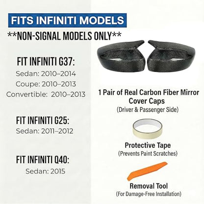 Carbon Fiber Replacement Mirror Caps for 2010-2015 INFINITI G37 G25 Q40, Real 3K 2x2 Twill Weave (Black Carbon Fiber)