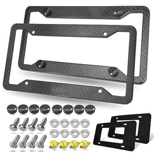 BGGTMO Carbon Fiber License Plate Frames- 2 Pack Black Aluminum Printed Carbon Patterns Car Tag Cover for Front & Rear, 4 Hole Heavy Duty Universal Holder Mount Screws with Caps - color: Carbon Fiber-4 Hole