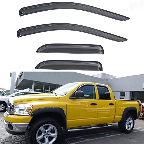 4pcs Front+Rear Smoke Sun/Rain Guard Outside Mount Tape-On Window Visors Compatible with 02-08 Ram 1500 03-09 2500/3500/4500/5500 Quad/Crew Cab - size: for 2002-2009 Dodge Ram 1500 Quad Cab