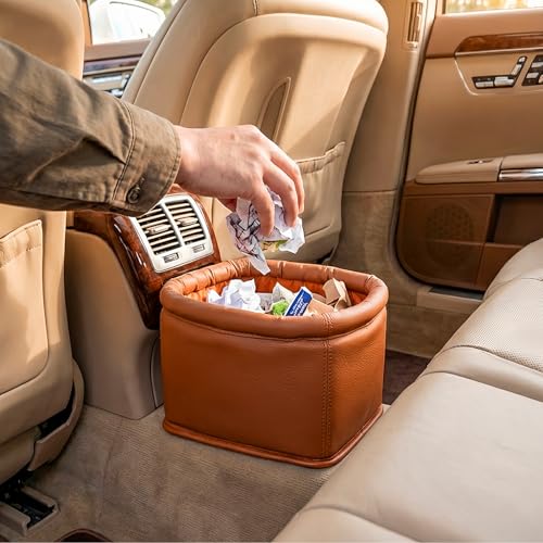 Leather Car Trash Can, Luxury Car Organizer, Leakproof Garbage Can for Car and Trucks, Brown - color: Brown