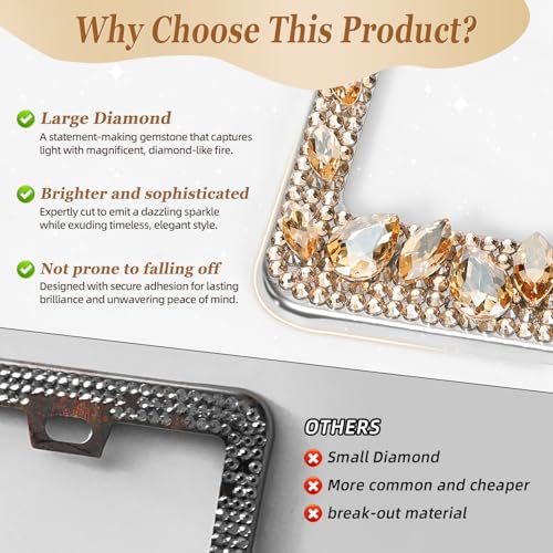 OKLPF Single Luxury Rhinestone License Plate Frame – Elegant Champagne Bling with Glitter Crystals, Anti-Theft Screws & Gift Box, Fits Standard US Plates(Champagne) - color: Champagne, size: 1pc