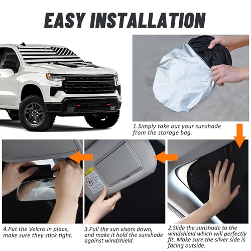D-Lumina Windshield Sun Shade for 2019-2025 Chevy Silverado 1500 Accessories, Front Window Sunshade American Flag Sun Visor Protector Sun Shield Block UV Rays Heat, Foldable 2 Layers 210T Material - size: Silver & Black-Fit 2019-2025 Chevy Silverado 1500