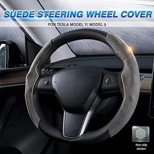Shademax Custom-Fit for Tesla Steering Wheel Cover, Tesla Model Y / 3 2017-2025 2026 (Fit Model Y Juniper 2026/ Model 3 Highland) Suede Steering Wheel Cover Protector Model Y/ 3 Accessories (Gray) - color: Gray