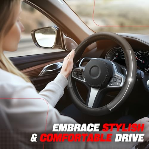 Auto Dynasty Steering Wheel Cover, Breathable Microfiber Leather Car Steering Wheel Protector with Silver Strip, Anti-Slip Inner Rubber Lining, [14 1/2 to 15 Inches] Universal Fit Cars Trucks SUVs - color: Silver Strip