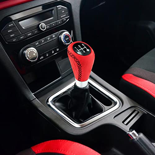 Shifter Knob 5 Speed Red Leather Gear Lever Stick Manual Shift Handle Replacement Fit Most Cars, Black Stitched - color: Red Leather with black stitching