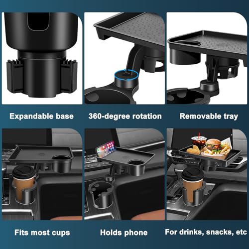 JPart Car Cup Holder Tray, Cup Holder Expander, 2 in 1 Detachable Car Food Tray with 360°Rotation Tray for Eating, Storage and Travel Road Essentials, Black