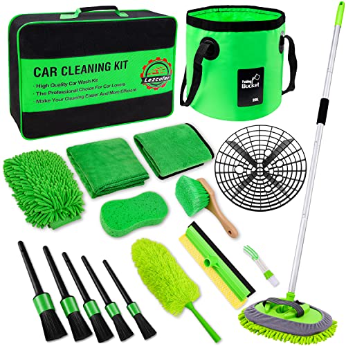 Lezcufer 17Pcs Car Wash Kit,62" Car Wash Brush Mop with Long Handle,Car Cleaning Kit,Car Detailing Brush Set,Car Wash Bucket,Car Wheel Brush,Complete Interior Car Cleaning Supplies