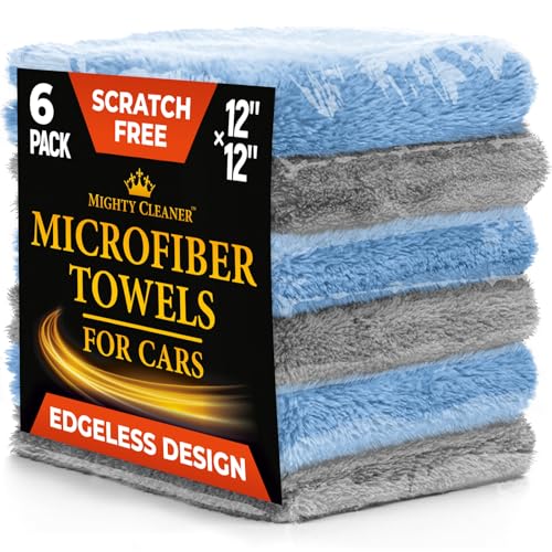 Super Soft Microfiber Towels for Cars - Edgeless - 6pk (12”x12”) - Premium Scratch-Free Towel - Great for Drying, Detailing, Polishing, Buffing - Ultra Absorbent Microfiber Cleaning Cloths for Car - color: Gray and Blue