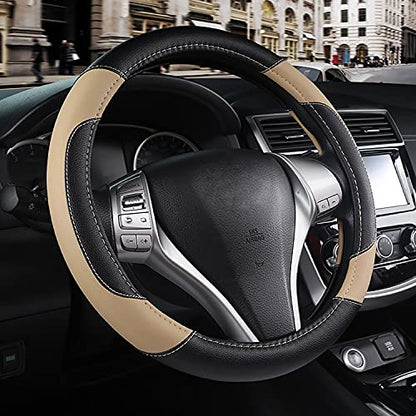Leather Car Steering Wheel Cover, Non-Slip Car Wheel Cover Protector Breathable Microfiber Leather Universal Fit for Most Cars(Beige) - color: Beige