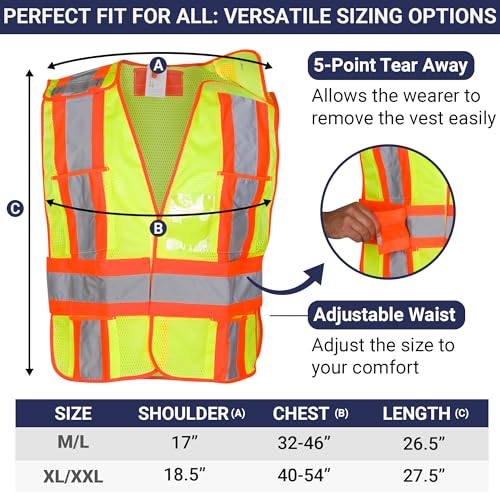 High Visibility Safety Vest – ANSI Class 2 Breakaway Vest with 5 Pockets, Yellow with Adjustable Hook and Loop Closure, Hi Vis Breathable Mesh, Heavy Duty Work Wear for Men or Women, 3 Pack (XL/XXL) - size: X-Large-XX-Large