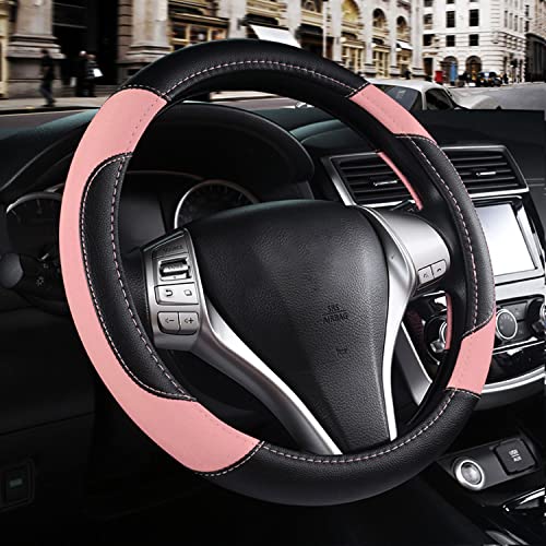 Leather Car Steering Wheel Cover, Non-Slip Car Wheel Cover Protector Breathable Microfiber Leather Universal Fit for Most Cars(Pink) - color: Pink