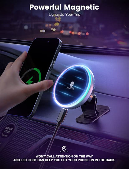 MOKPR for Magsafe Car Mount Charger-Wireless Car Charger-Magnetic Car Phone Holder for Dash Air Vent-LED RGB HandsFree Car Mount Fast Car Charger for iPhone 16 15/14/13/12 Series with QC 3.0 Adapter - color: Brigh Black