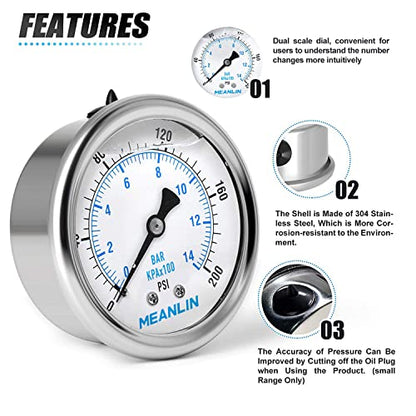 MEANLIN MEASURE 0~200Psi Stainless Steel 1/4" NPT 2.5" FACE DIAL Liquid Filled Pressure Gauge WOG Water Oil Air Center Back Mount, with 1/2" NPT and 3/8" NPT Hex Bushing - size: 0-200Psi