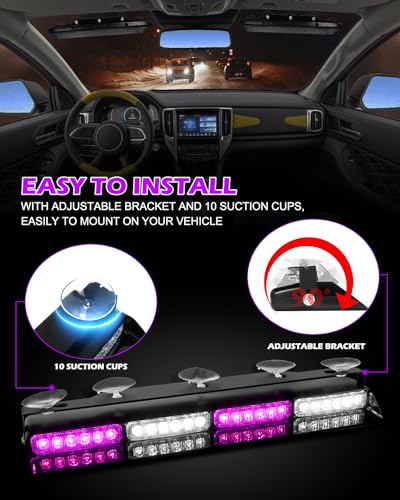 HLauto 604N Emergency Dash Strobe Lights: 2x16.8 inch Purple White Security Light w/Take Down, 48 LED Safety Flashing Warning Hazard Interior Windshield Light Bar for Truck Vehicle - color: #08 Purple / White