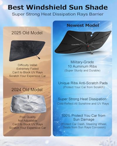 DMJN Umbrella Windshield Sun Shade - Large, Car Sunshade for Front Windshield [Nano Ice-Crystal Coatings] UPF50+ Heat & UV Block, Protect Interior & Keep Cooler Universal for Car, SUV, Truck - size: Large(61"l X 33"w)
