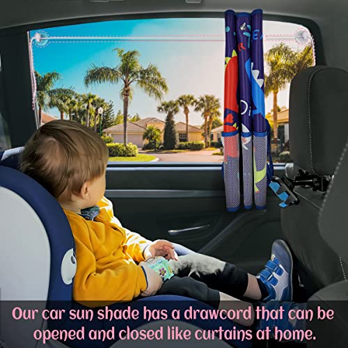 DIZA100 Car Window Shade for Baby, 2 Pack Car Sun Shades with Storage Net Pocket Auto Window Curtain 7 Suction Cups Blue Dinosaurs for Sun/Heat/UV Rays Protection Kids - color: Blue Dino-2pcs