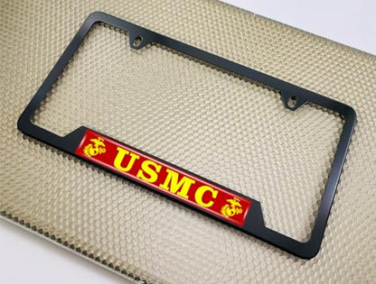 [Officially Licensed Product] - Stainless Steel Matte Black CAR 2-Hole Standard Size - Domed Custom-Made Corrosion-Resistant License Plate Frame with USMC Semper Fi, EGA Logo & Free caps - (Qty: 1) - size: USMC - EGA logo
