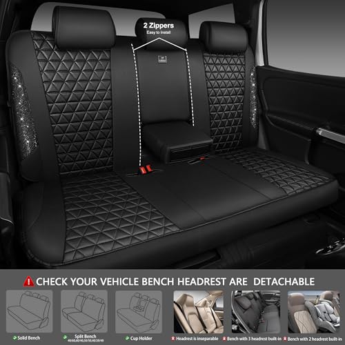 CAR PASS Bling Back Seat Cover, Waterproof Leather Bench Rear Seat Cover Shining Diamond Truck Glitter Crystal Sparkly Rhinestone Universal Fit Armrest Automotive Kid Women Girl, Black Diamond - color: Black Rear, size: Rear Seats