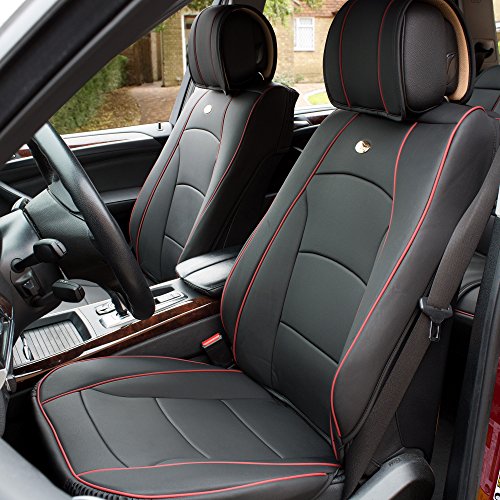FH Group Front Set Faux Leather Car Seat Cushions - 2 Pack Seat Covers for Cars Trucks, SUV, Waterproof Car Seat Cover, Universal Fit, Black Red Trim - color: Black Red Trim, style: Front Set