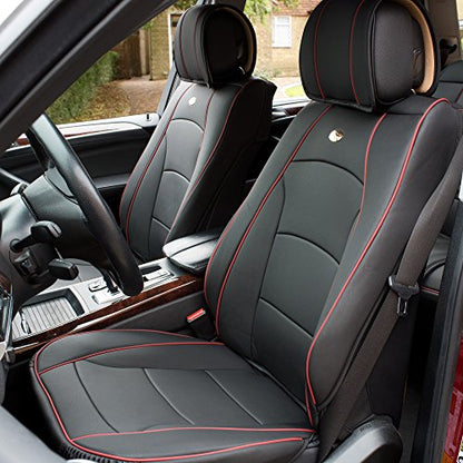 FH Group Front Set Faux Leather Car Seat Cushions - 2 Pack Seat Covers for Cars Trucks, SUV, Waterproof Car Seat Cover, Universal Fit, Black Red Trim - color: Black Red Trim, style: Front Set