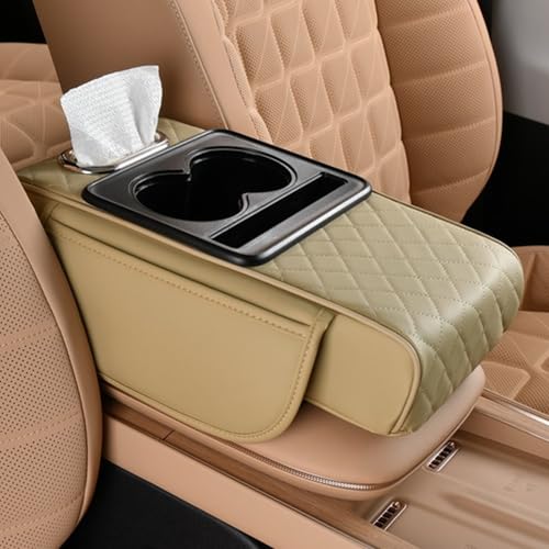 Multifunctional PU Leather Car Armrest Box Mat, 5-in-1 Center Console Cushion Cover with Storage Box, Cup & Phone Slot & Tissue Holder, Universal Waterproof Interior Organizer (Beige) - color: Beige