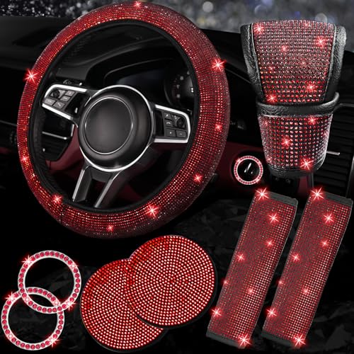 NBTEPEM 8 pcs Red Bling Car Accessories Set for Women, Steering Wheel Cover, Sparkly Seat Belt Covers, Bling Gear Shift Cover, Universal Fit Most Cars (Red Diamond) - color: Red Diamond, size: Steering Wheel Cover Set