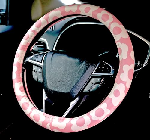 Dotesy Leather Flowers Car Steering Wheel Cover, Fashion Floral Steering Wheel Protector Universal for 36-38cm Anti Slip Auto Interior Decor Protection Accessories for Women (White Pink) - color: White Pink