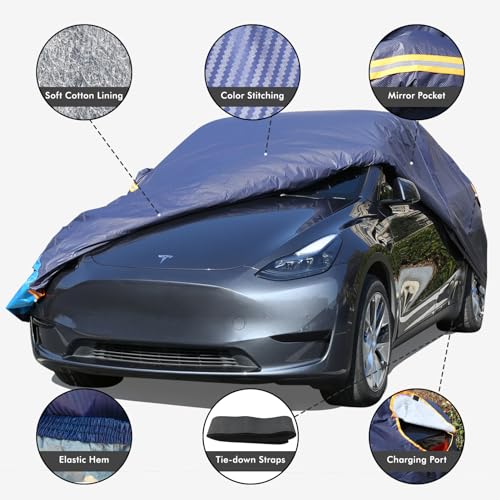 Tesla Model Y Car Cover Waterproof All Weather, 6 Layers Outdoor Full Exterior Cover Rain Sun UV Snowproof Protection with Zipper Cotton, Mirror Pocket and Charging Port - style: Model Y