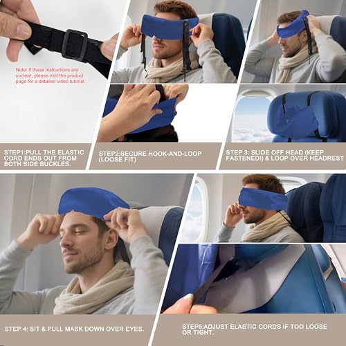 Travel Pillows for Airplanes, Airplane Head Strap with Silk Eye Mask for Sleeping, Long Flights & Car Road Trips 360°Headrest Neck Support, Stops Bobbing, Small & Compact（Blue） - color: Blue