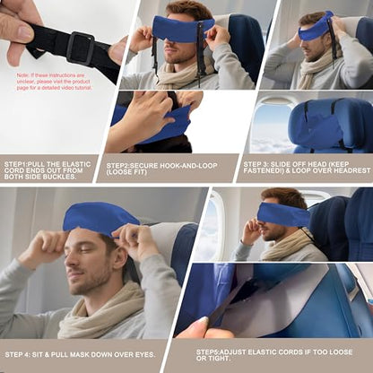 Travel Pillows for Airplanes, Airplane Head Strap with Silk Eye Mask for Sleeping, Long Flights & Car Road Trips 360°Headrest Neck Support, Stops Bobbing, Small & Compact（Blue） - color: Blue