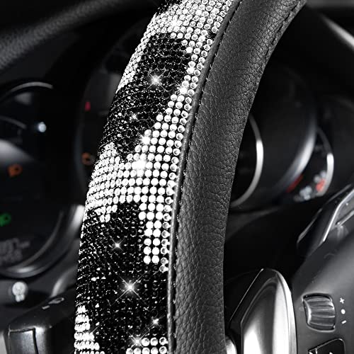 CAR PASS Bling Cow Print Diamond Steering Wheel Cover, with Sparkly Crystal Glitter Rhinestones Black Leather Car Wheel Protect for Women Girl Fit Suvs,Vans,Sedans,Cars,Trucks, 14" 1/2-15" Cow Design - color: Cow Diamond